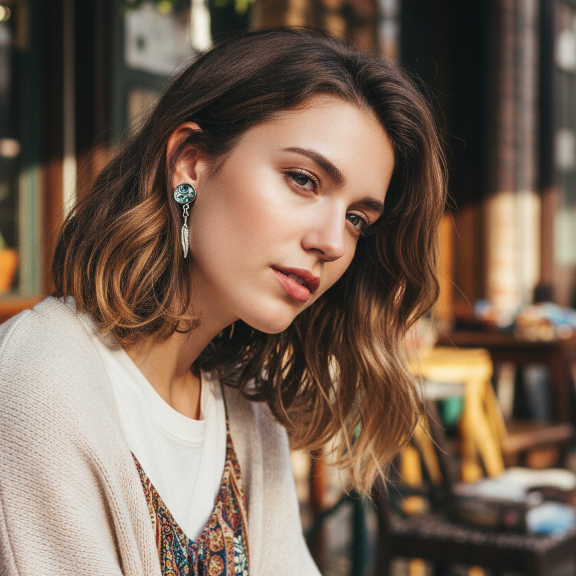 Paisley and Feathers Silver plated Stud Earrings - White