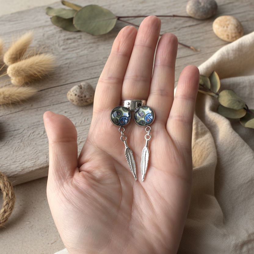 Paisley and Feathers Silver plated Stud Earrings - White