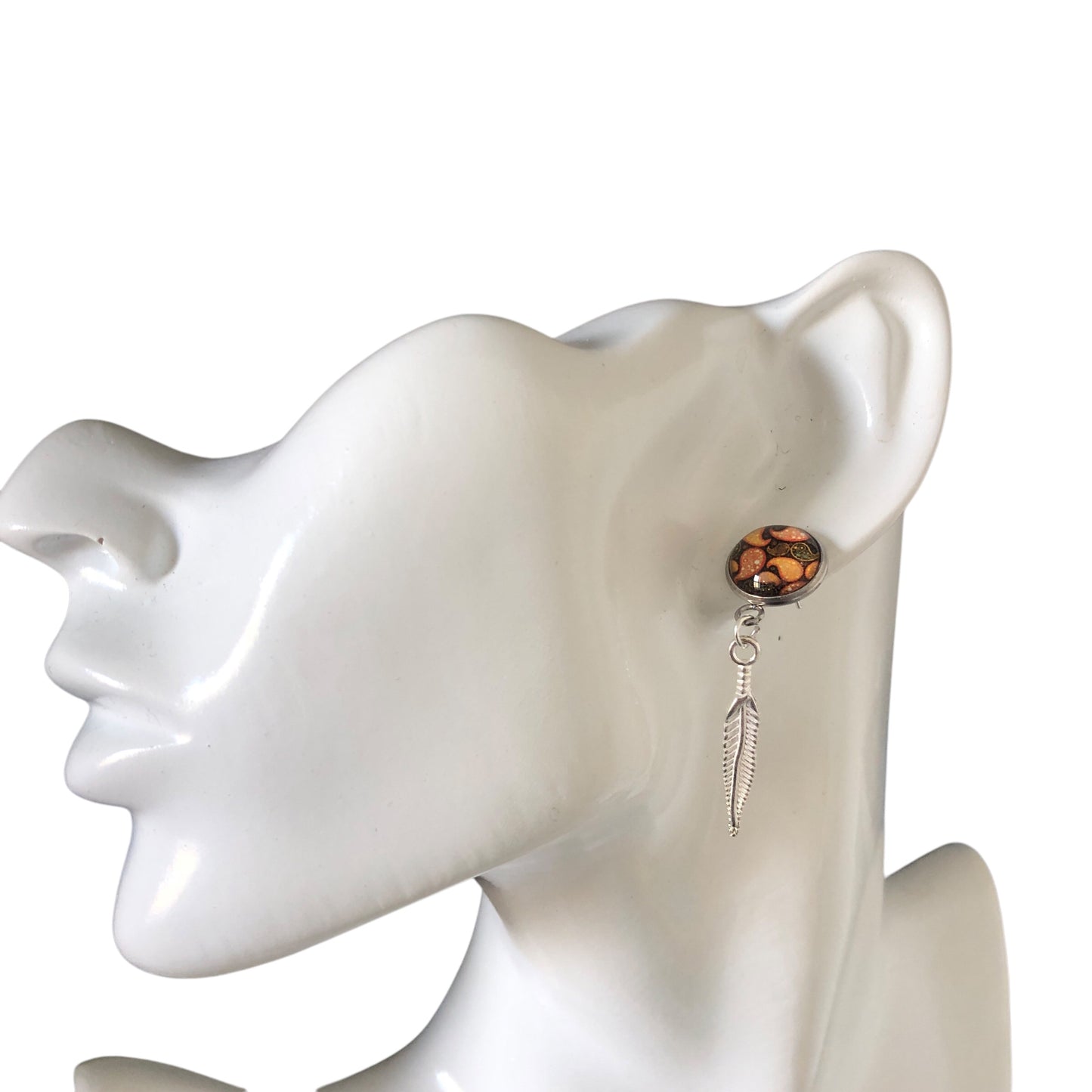 Paisley and Feathers Silver plated Stud Earrings - Orange