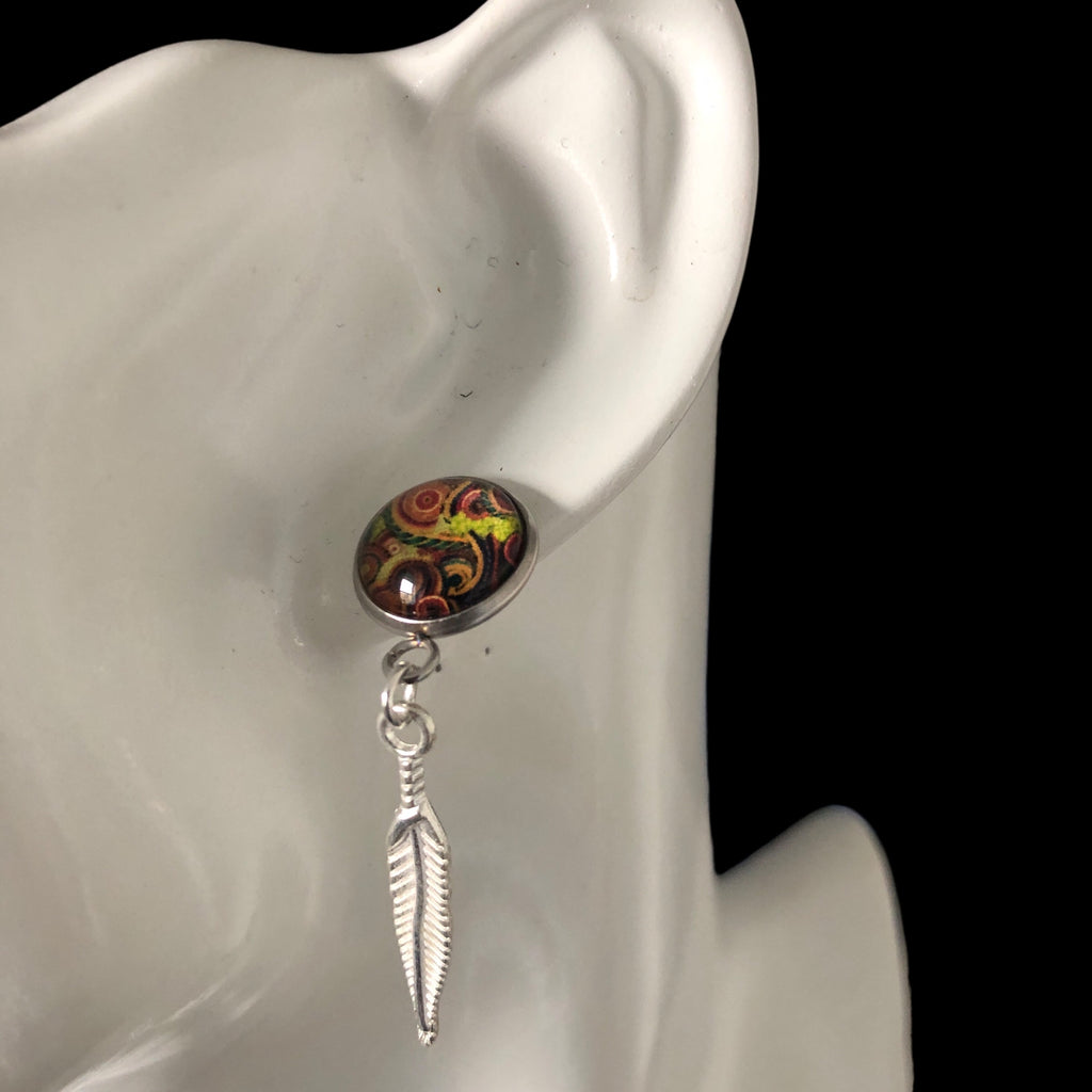 Paisley and Feathers Silver plated Stud Earrings - Multi-coloured