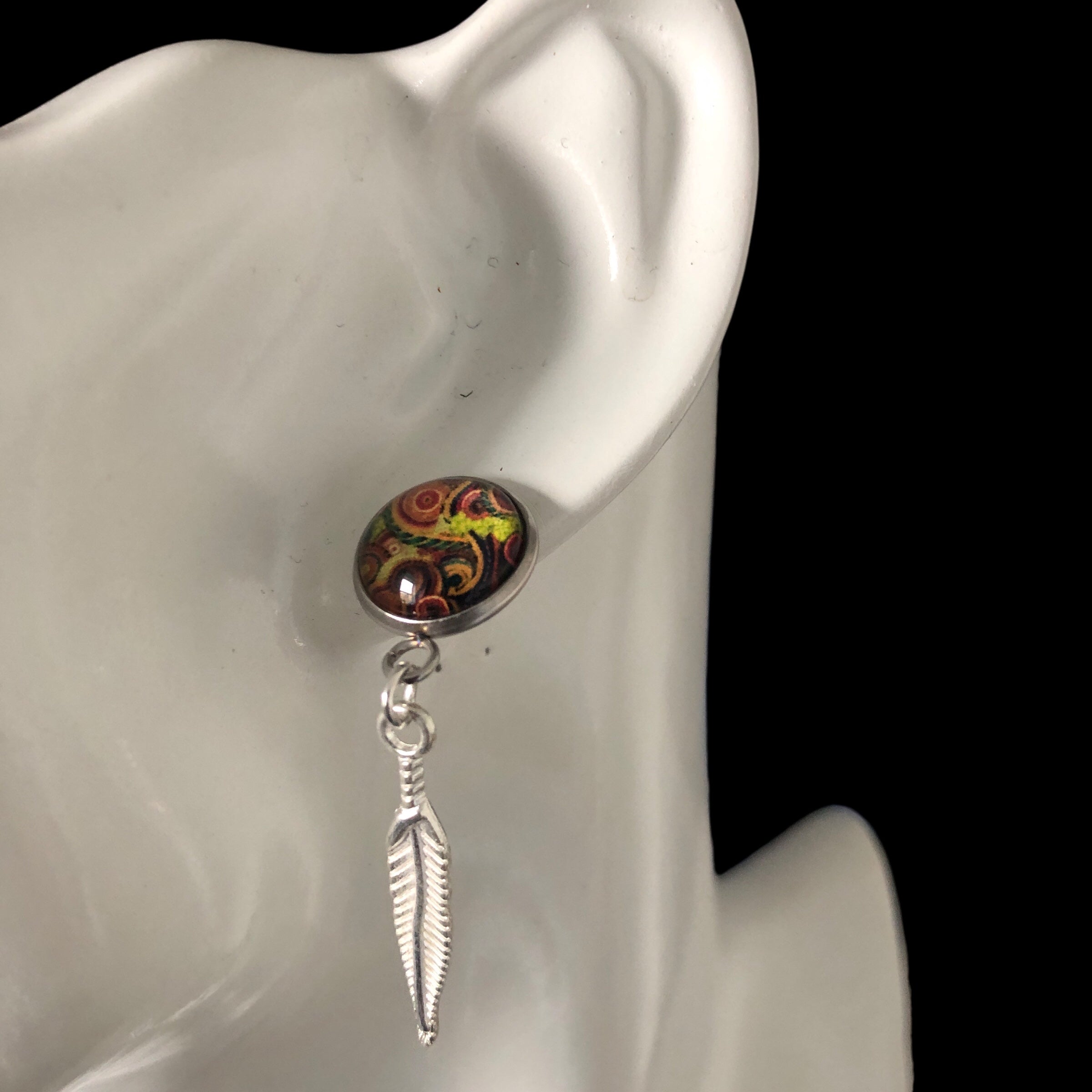 Paisley and Feathers Silver plated Stud Earrings - Multi-coloured