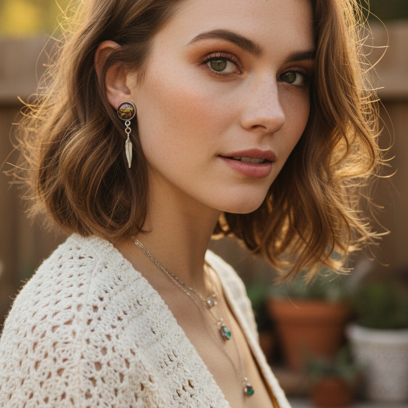 Paisley and Feathers Silver plated Stud Earrings - Multi-coloured