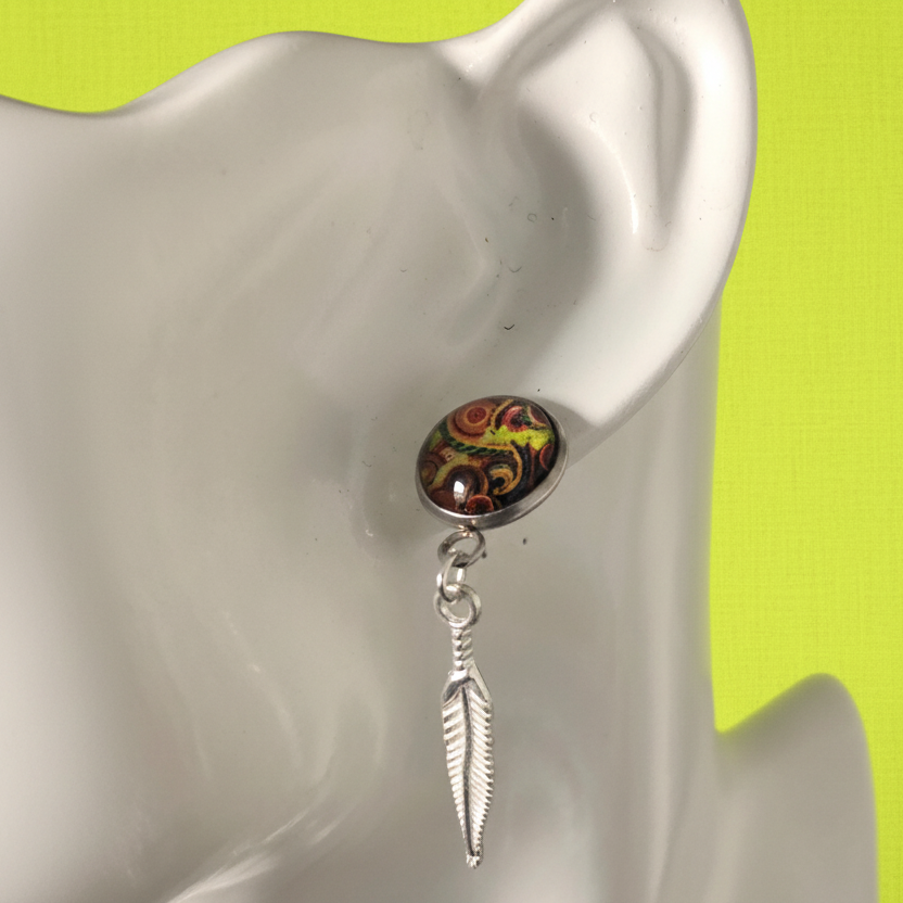 Paisley and Feathers Silver plated Stud Earrings - Multi-coloured