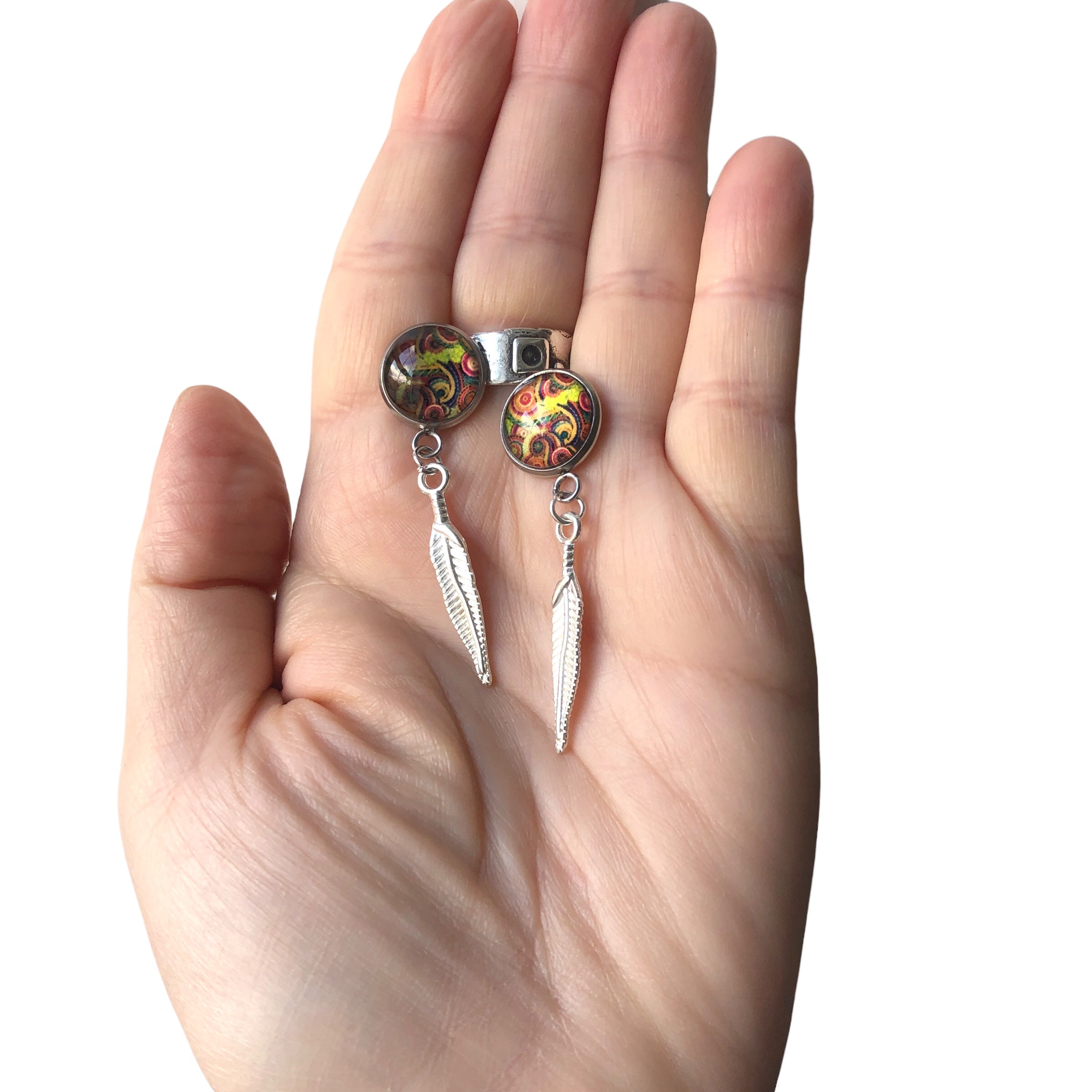 Paisley and Feathers Silver plated Stud Earrings - Multi-coloured