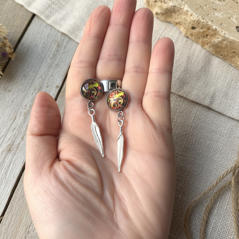 Paisley and Feathers Silver plated Stud Earrings - Multi-coloured