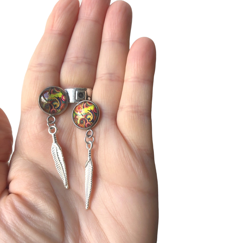 Paisley and Feathers Silver plated Stud Earrings - Multi-coloured