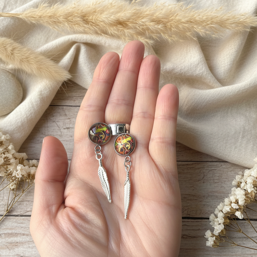 Paisley and Feathers Silver plated Stud Earrings - Multi-coloured