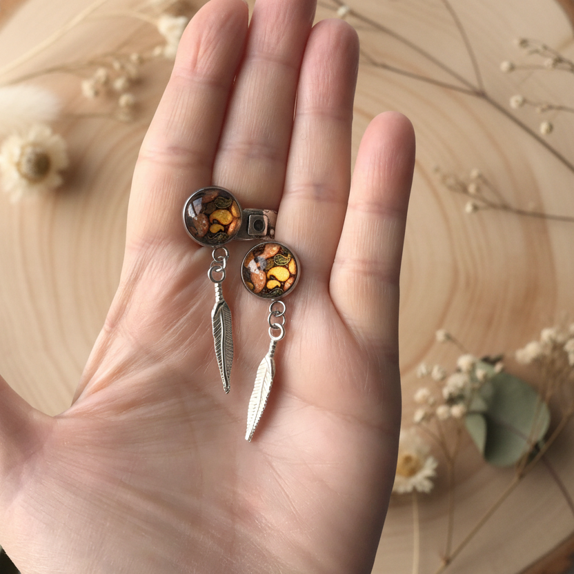 Paisley and Feathers Silver plated Stud Earrings - Orange