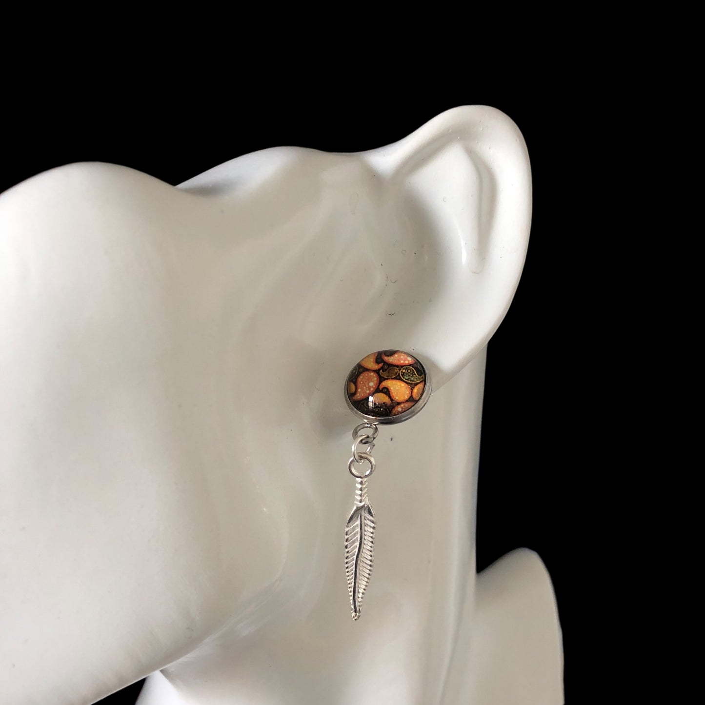 Paisley and Feathers Silver plated Stud Earrings - Orange