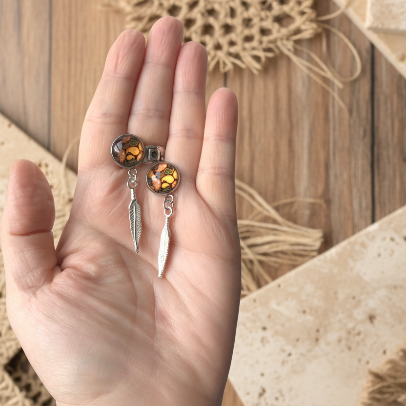 Paisley and Feathers Silver plated Stud Earrings - Orange