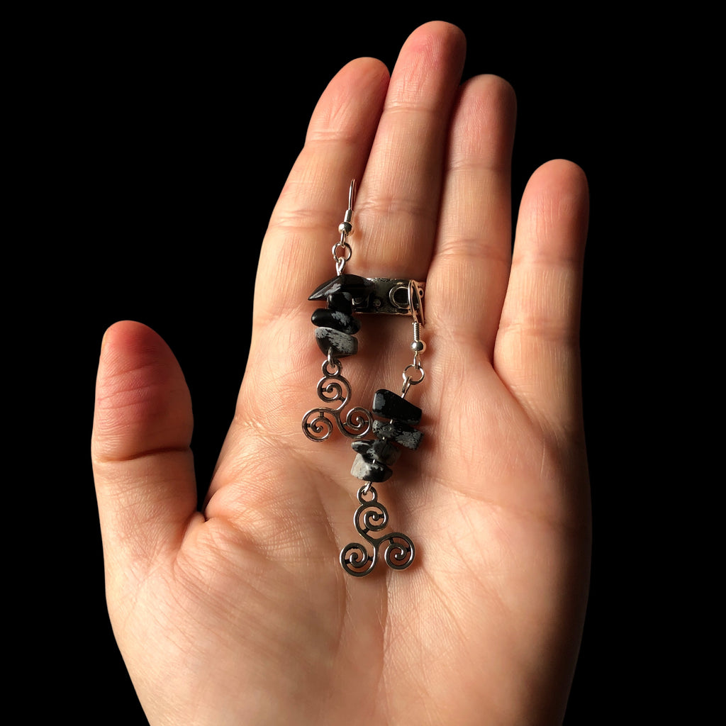 Triskelion Snowflake Obsidian Dangle Earrings