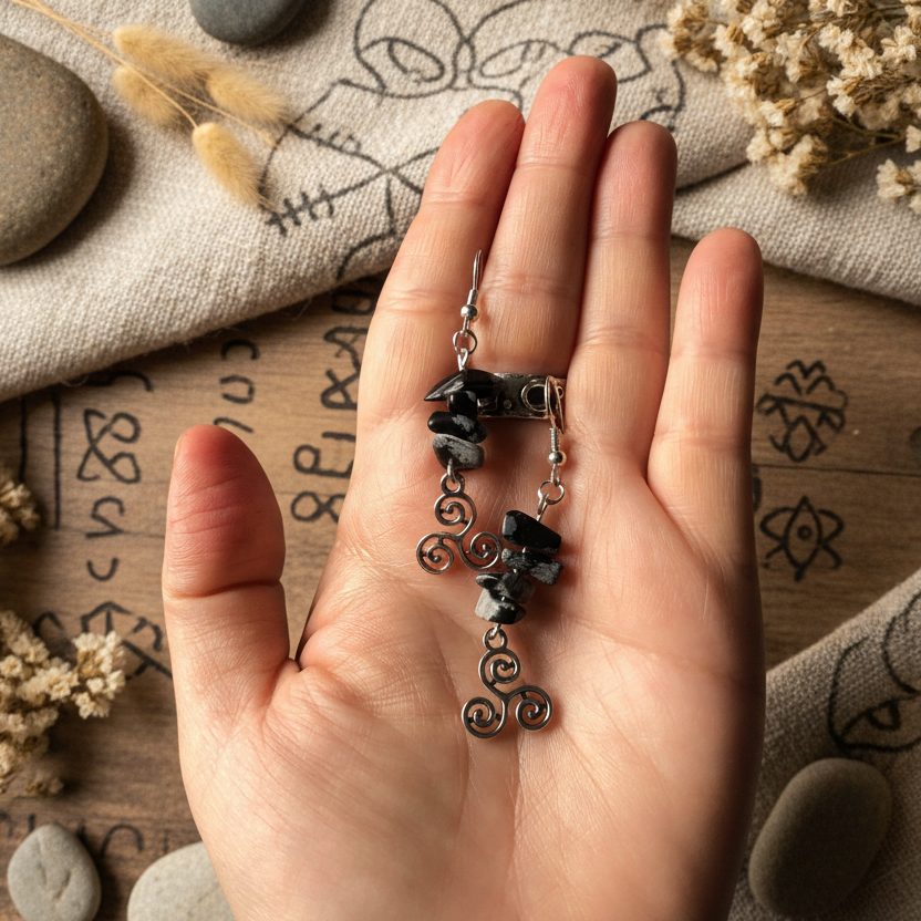 Triskelion Snowflake Obsidian Dangle Earrings