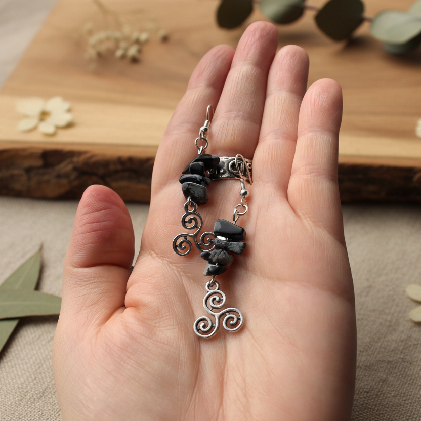 Triskelion Snowflake Obsidian Dangle Earrings