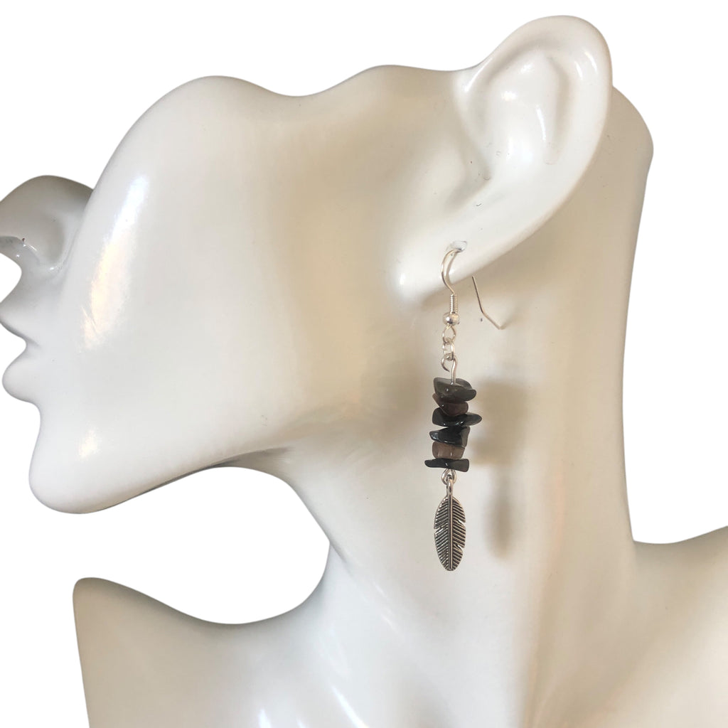 Feathers Obsidian Dangle Earrings