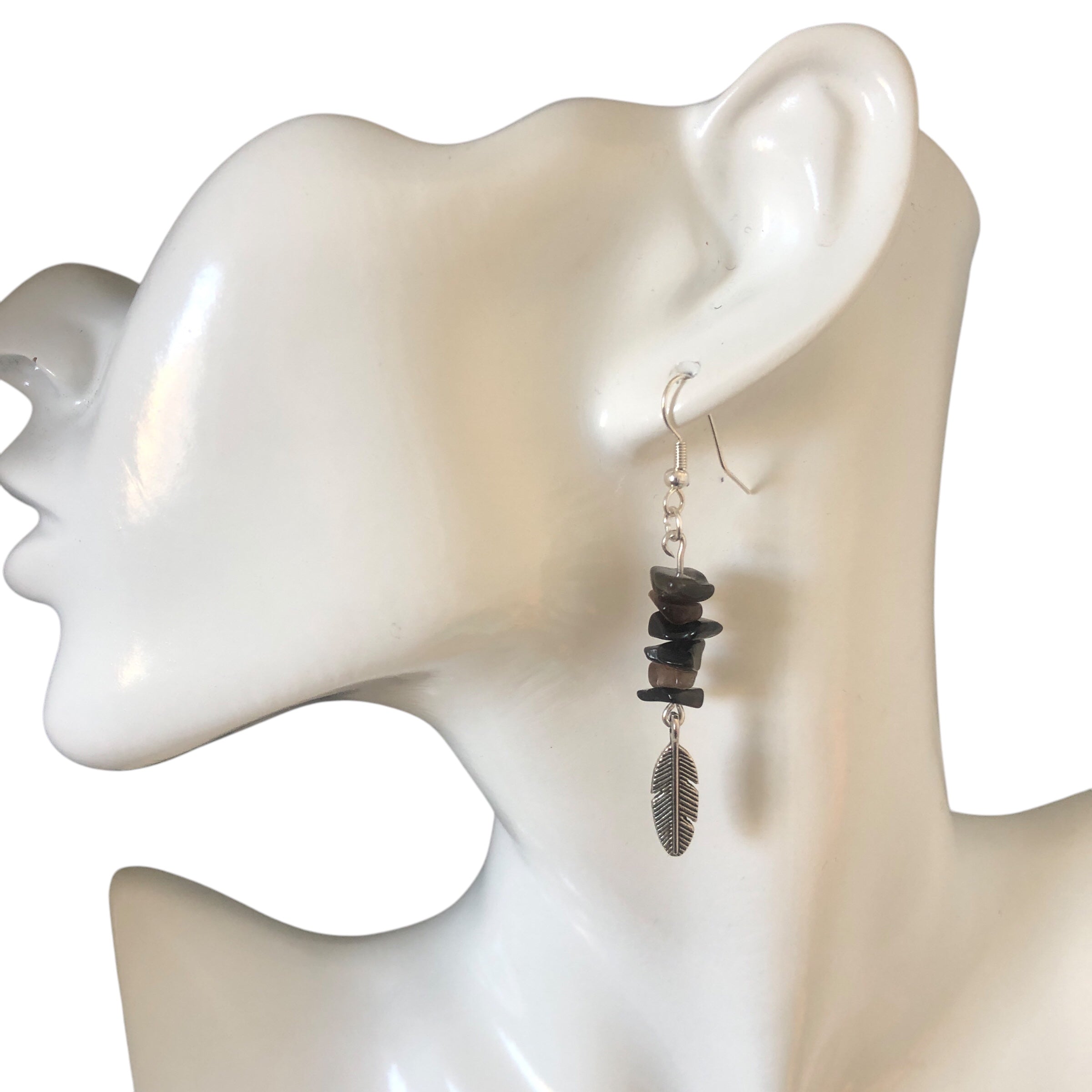 Feathers Obsidian Dangle Earrings