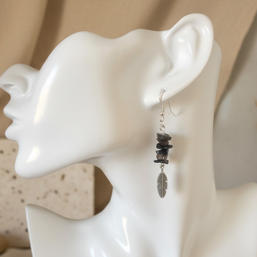 Feathers Obsidian Dangle Earrings - Handmade, One-of-A-Kind - Silver Chamber Jewellery Store