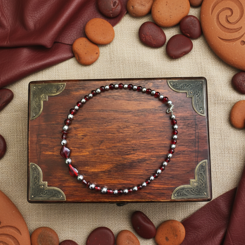 Red Glass and Hematite Beaded Necklace