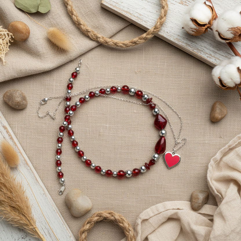 Red Glass and Hematite Beaded Necklace