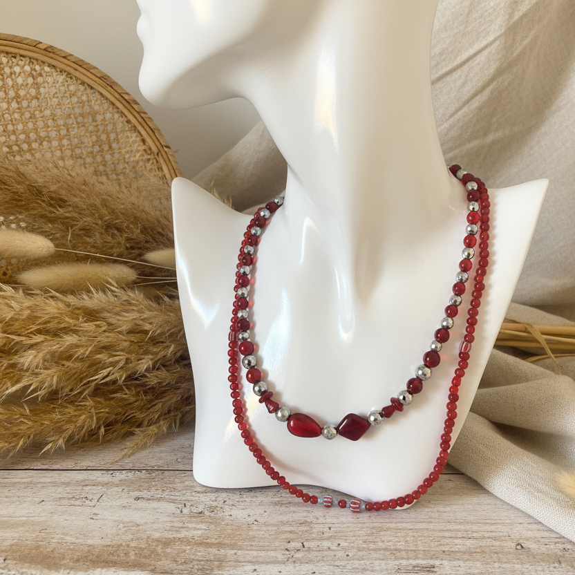Red Glass and Hematite Beaded Necklace