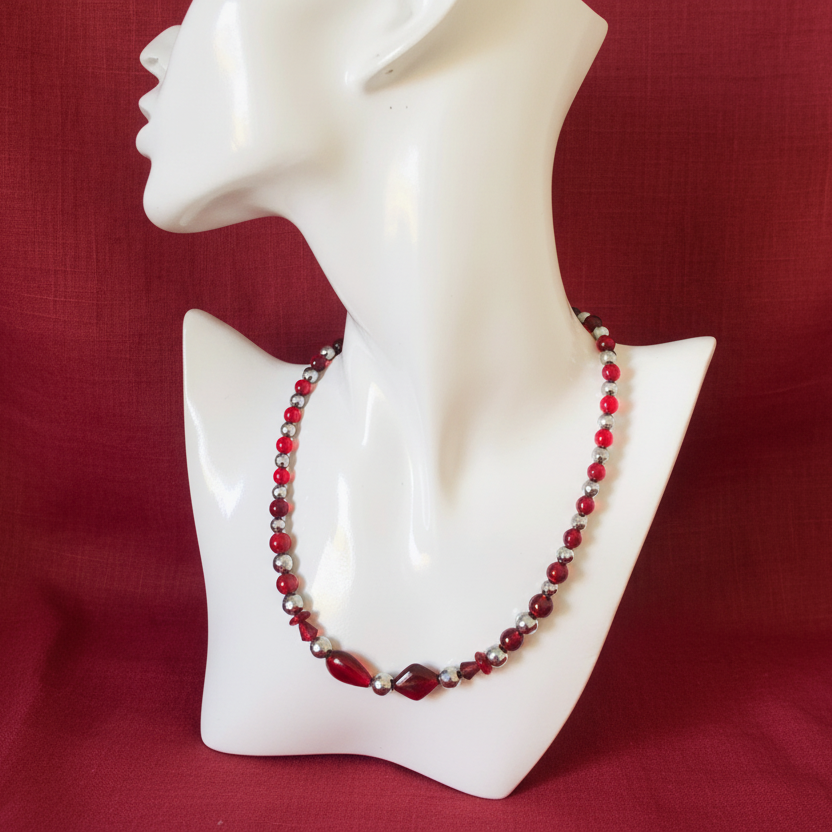 Red Glass and Hematite Beaded Necklace