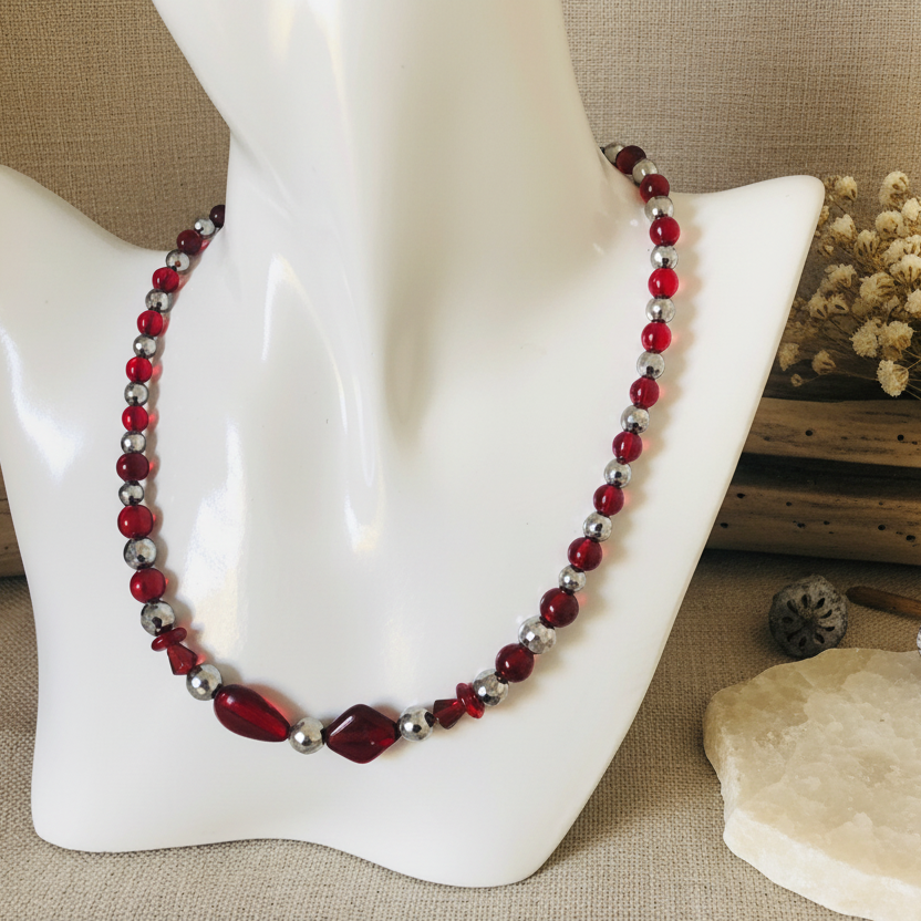 Red Glass and Hematite Beaded Necklace