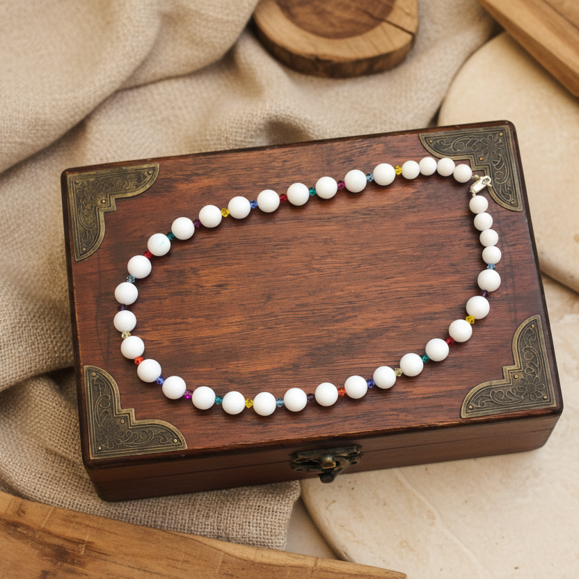 White Quartz and Swarovski Crystals Beaded Necklace - Handmade, One-of-A-Kind - Silver Chamber Jewellery Store