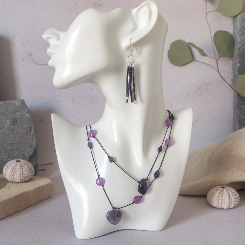 Amethyst and Black Thread Beaded Necklace