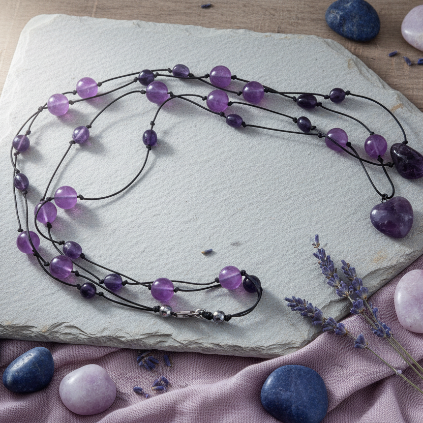 Amethyst and Black Thread Beaded Necklace