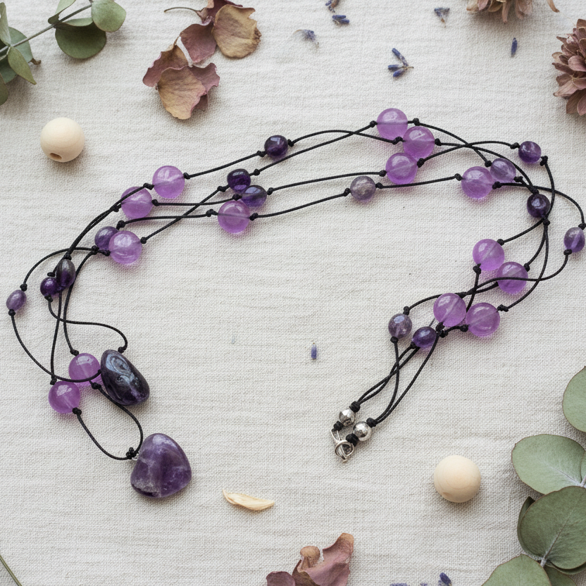 Amethyst and Black Thread Beaded Necklace