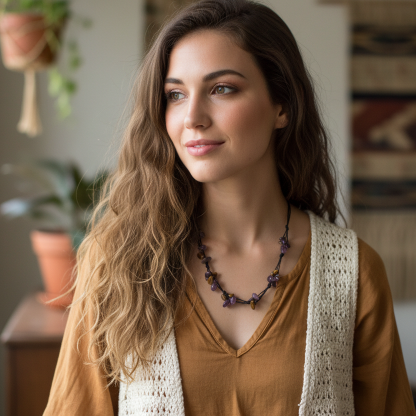 Beaded Necklace with Amethyst and Tiger Eye Chips