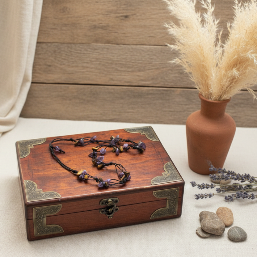 Beaded Necklace with Amethyst and Tiger Eye Chips