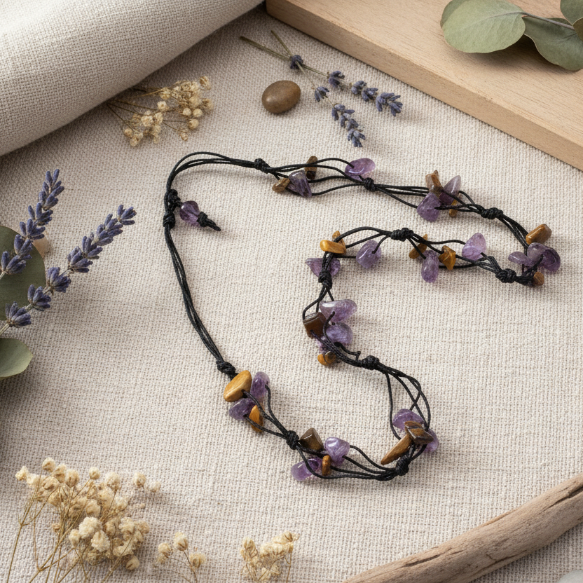 Beaded Necklace with Amethyst and Tiger Eye Chips