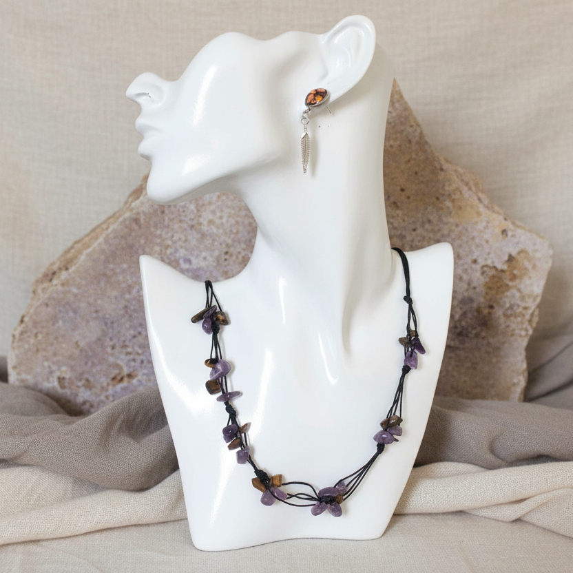 Beaded Necklace with Amethyst and Tiger Eye Chips