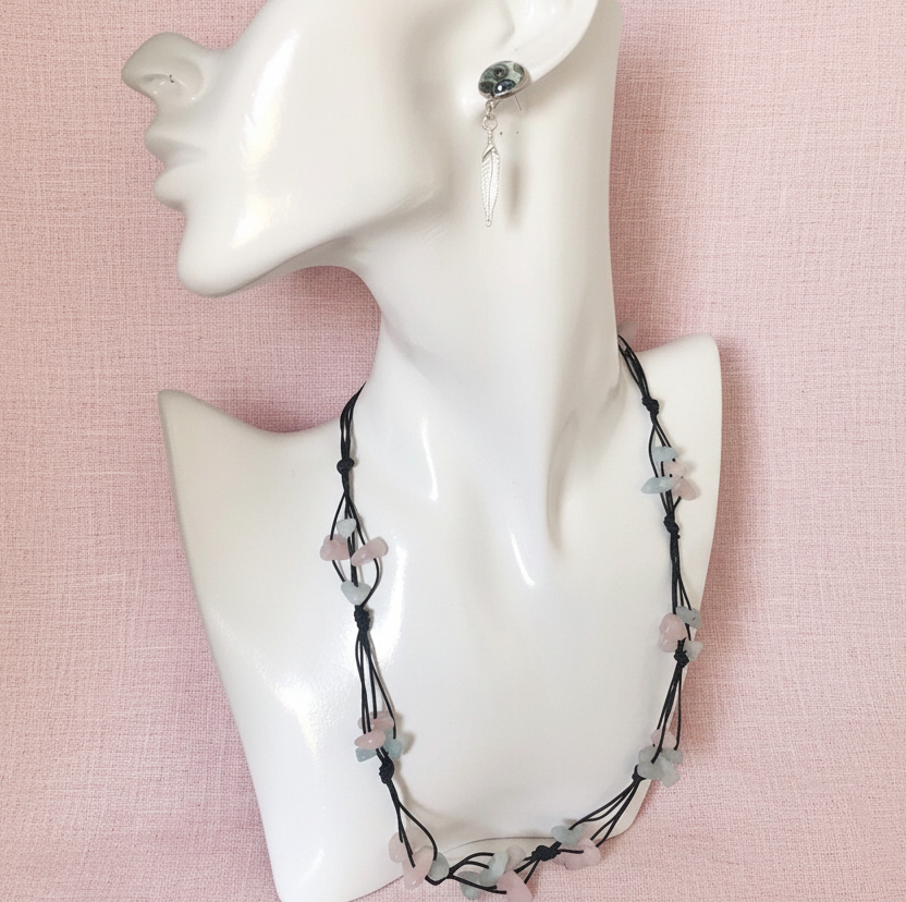 Beaded Necklace with Aquamarine and Rose Quartz