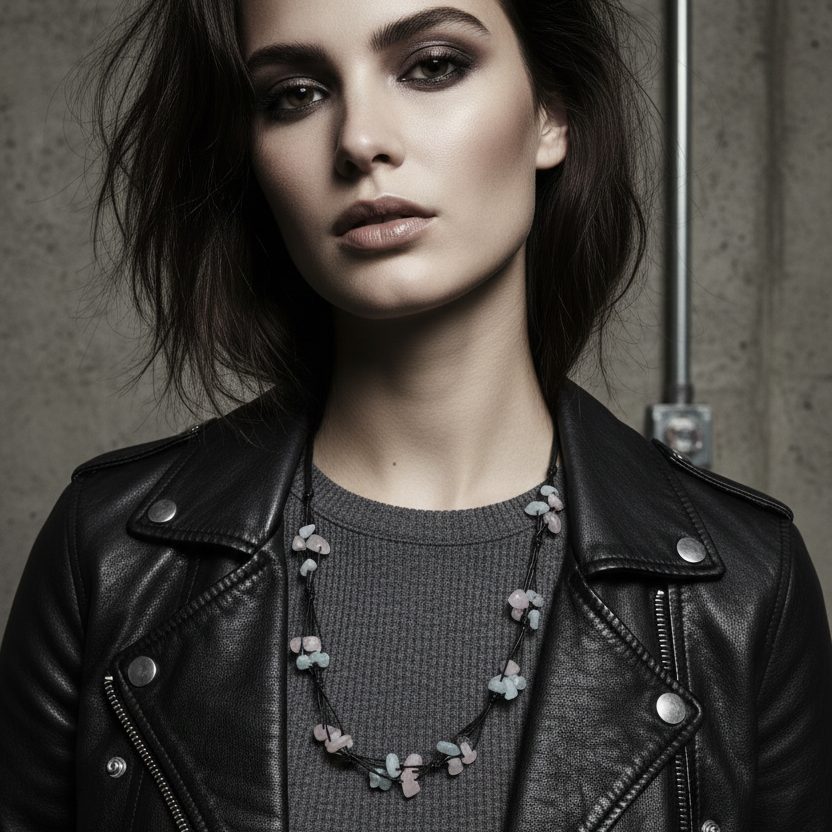 Beaded Necklace with Aquamarine and Rose Quartz