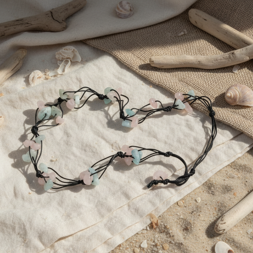 Beaded Necklace with Aquamarine and Rose Quartz