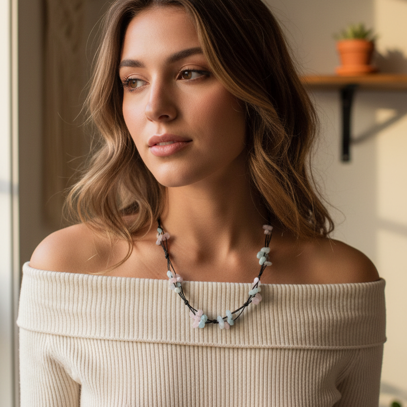 Beaded Necklace with Aquamarine and Rose Quartz