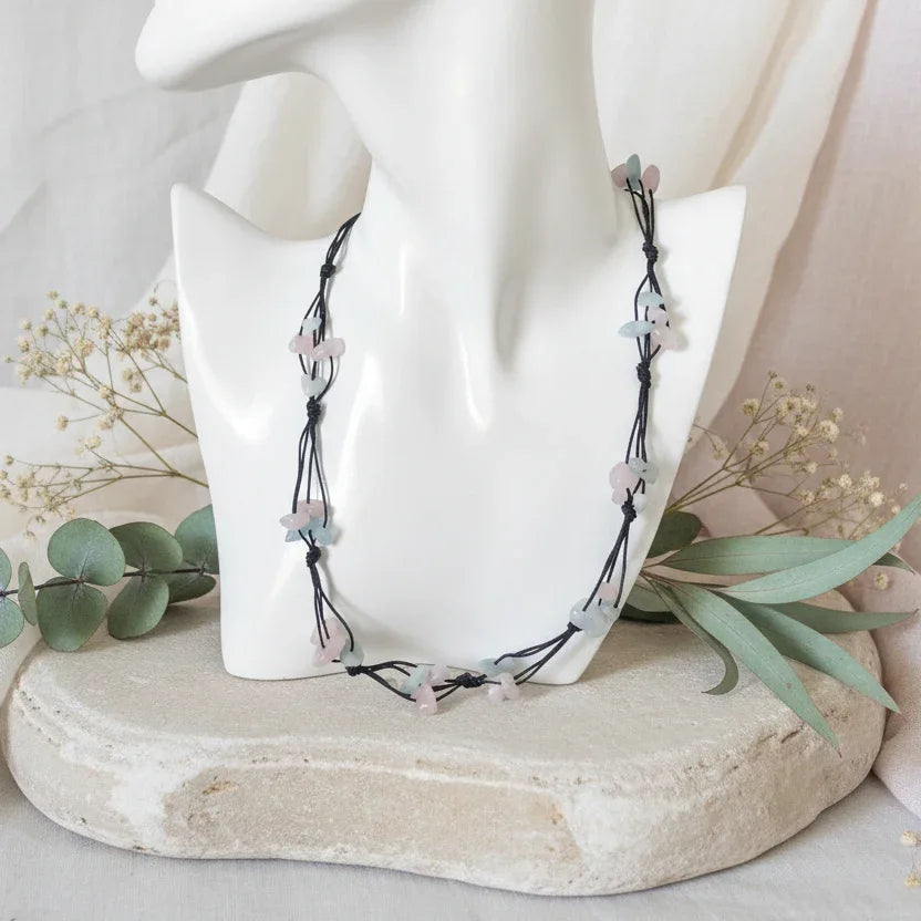 Beaded Necklace with Aquamarine and Rose Quartz - Silver Chamber Jewellery Store