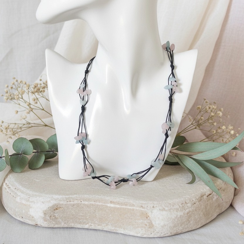 Beaded Necklace with Aquamarine and Rose Quartz