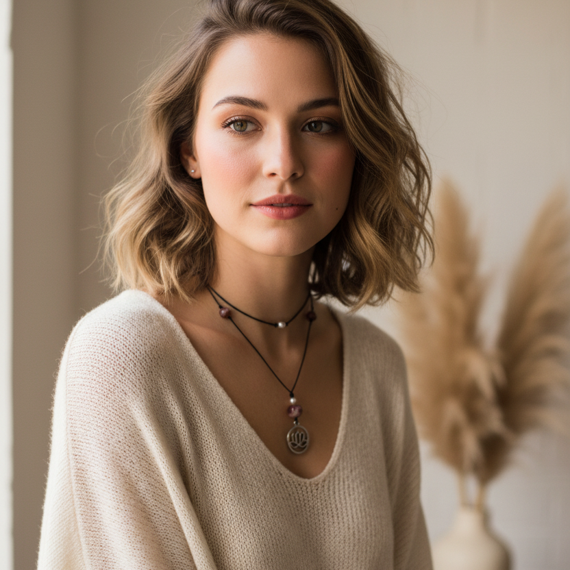 Black Thread Choker Necklace with Agate