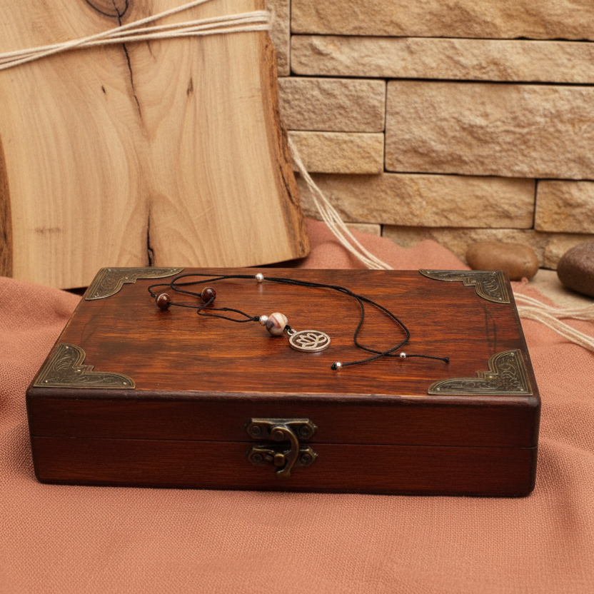 Black thread choker necklace with agate. Lotus pendant.