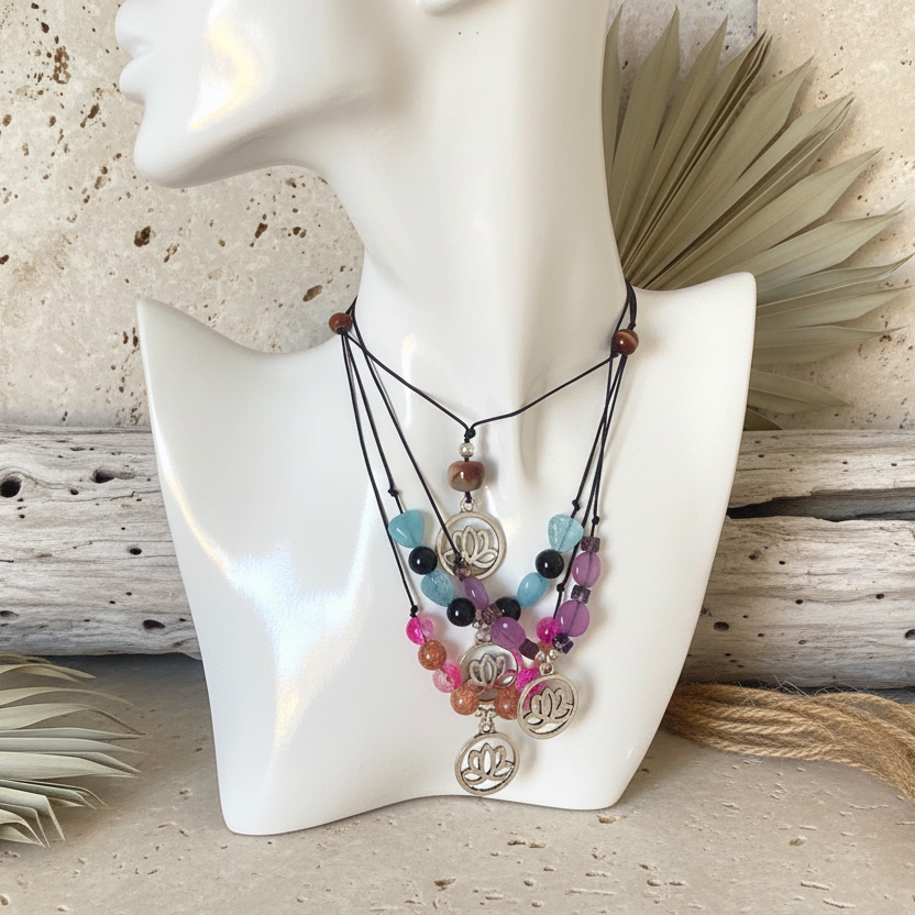 Black thread choker necklace with blue quartz and black onyx