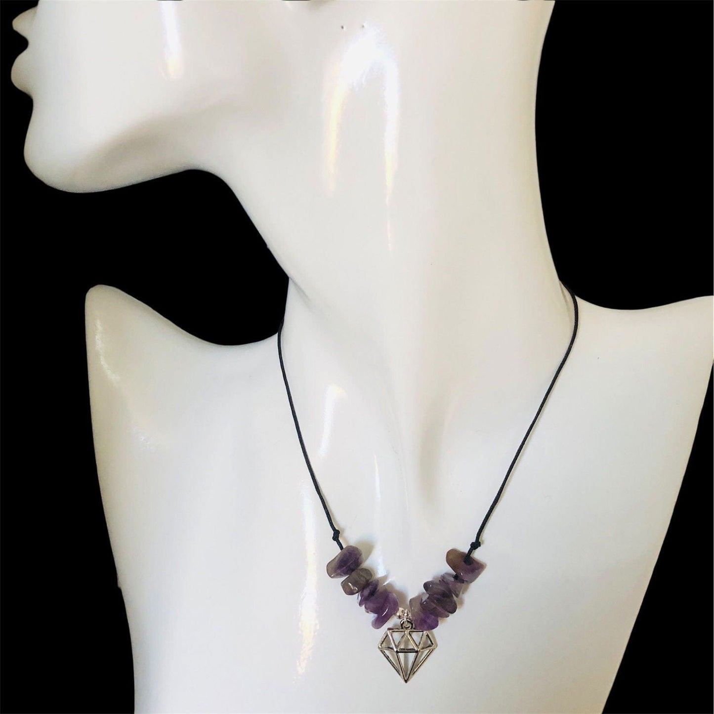 Black Thread Choker Necklace with Amethyst Chips Silver Chamber Jewellery Store