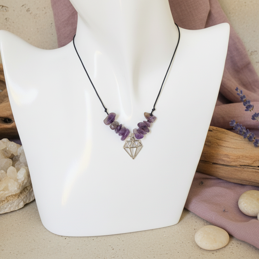 Black thread choker with amethyst chips