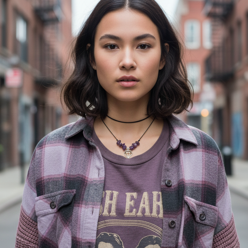 Black thread choker with amethyst chips