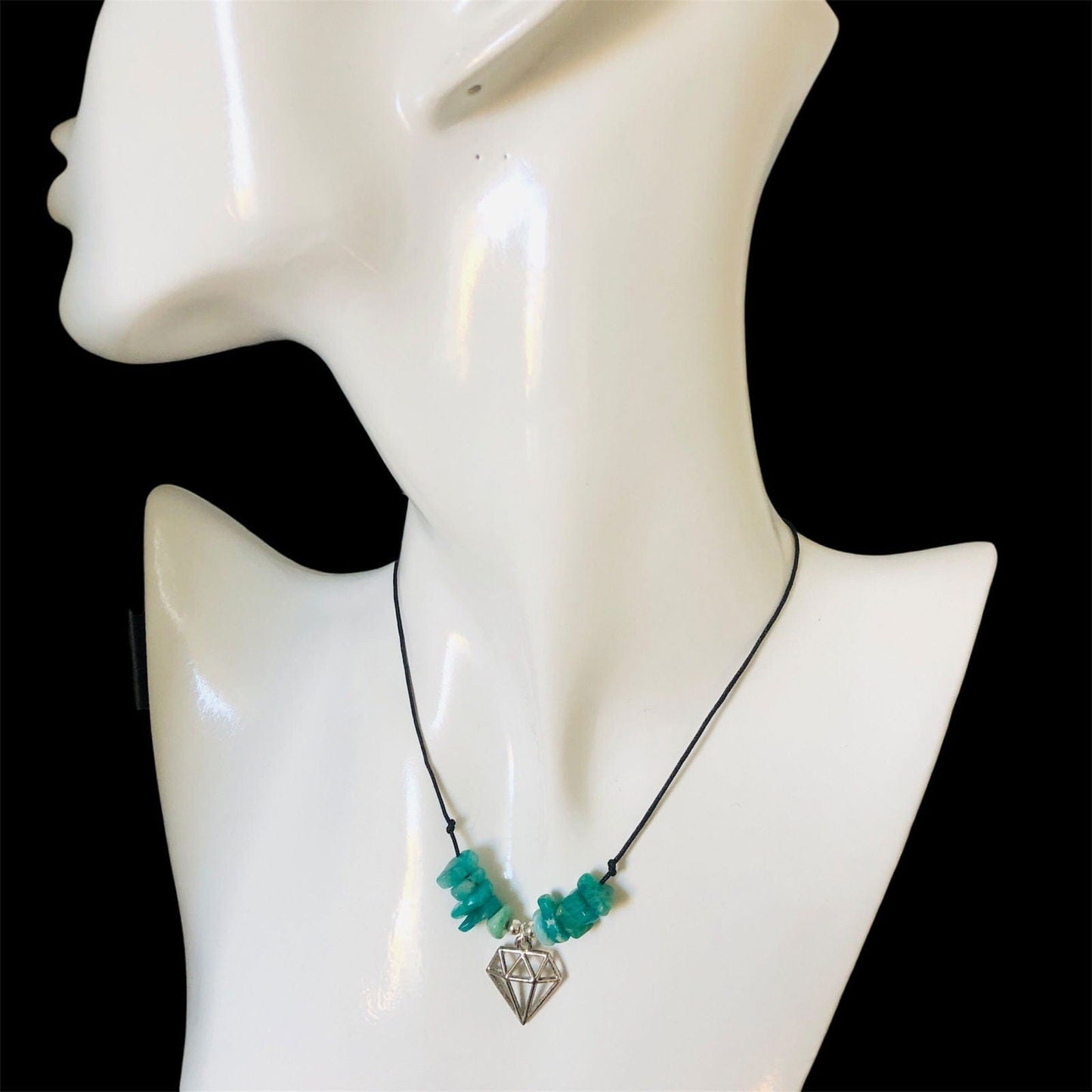 Black Thread Choker Necklace with Green Amazonite Chips Silver Chamber Jewellery Store