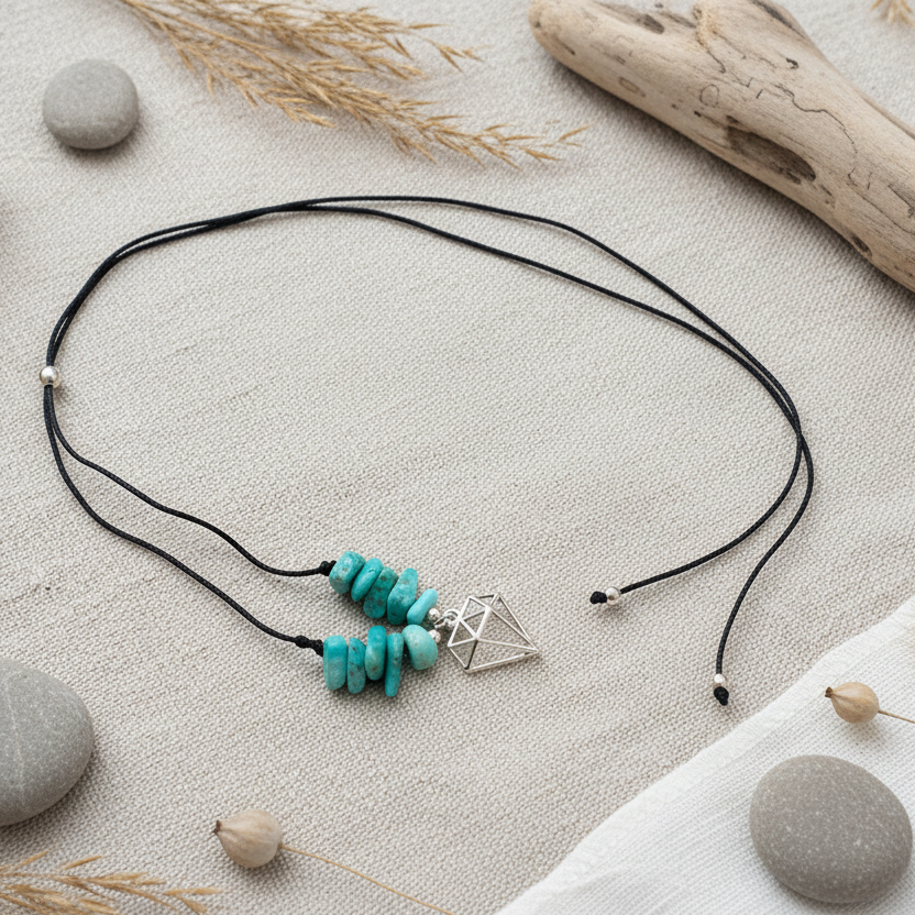 Black Thread Choker Necklace with Green Amazonite Chips
