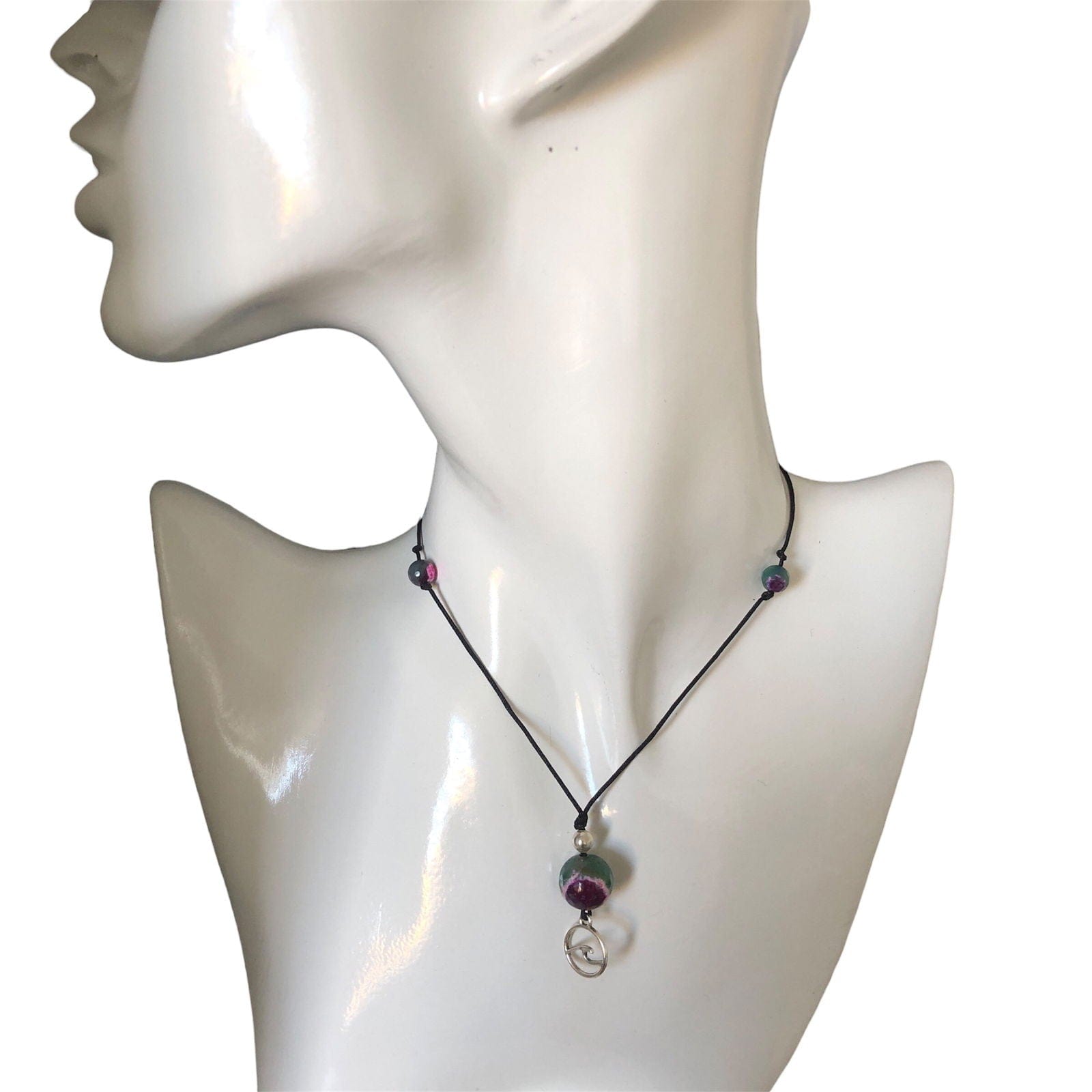 Black Thread Choker Necklace with Green and Pink Agate Silver Chamber Jewellery Store