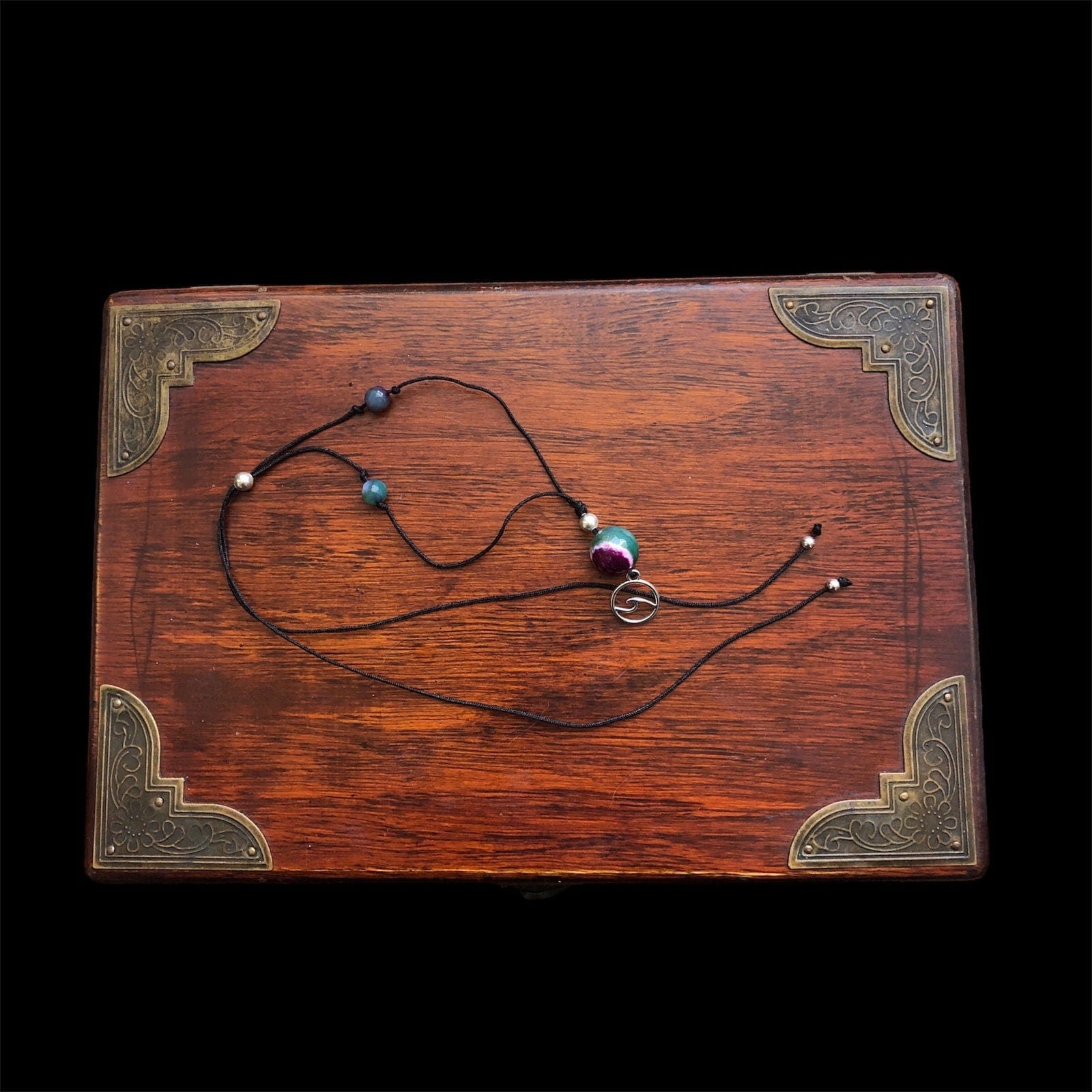 Black Thread Choker Necklace with Green and Pink Agate Silver Chamber Jewellery Store