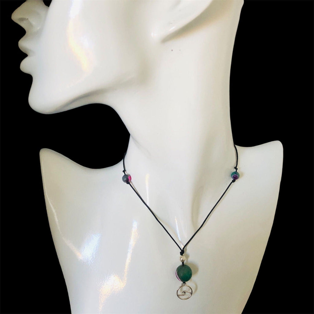Black Thread Choker Necklace with Green and Pink Agate Silver Chamber Jewellery Store